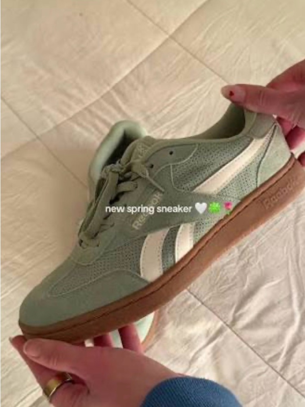 Free Shipping Reebok Women’s Sage Green Suede Sneakers with White Stripes - Picture 3 of 3
